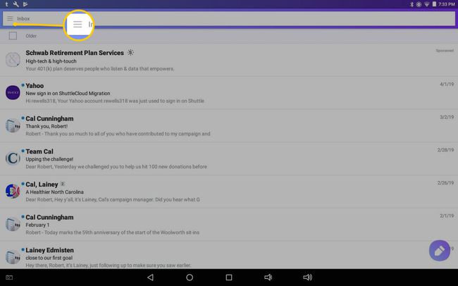 Hampurilainen painike Yahoo Mail Android -sovelluksessa