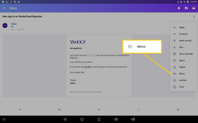 Siirrä valikkokohta Yahoo Mail for Android -sovelluksessa