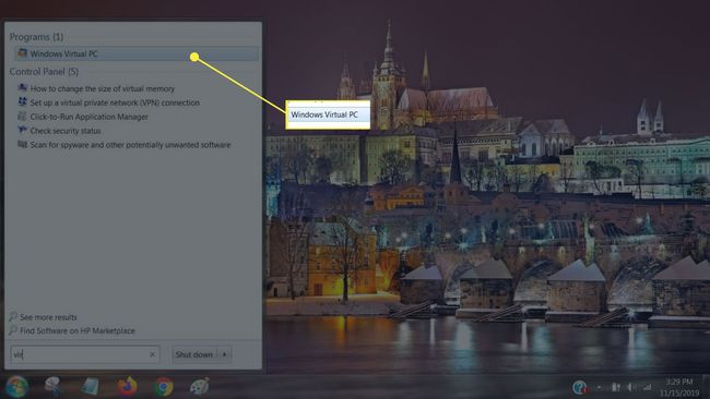 Windows Virtual PC hakutuloksissa Käynnistä-valikossa