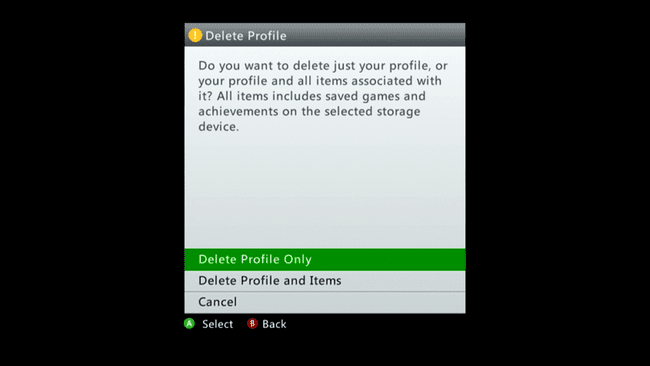 Profiilin poiston näyttö Xbox 360:ssa.