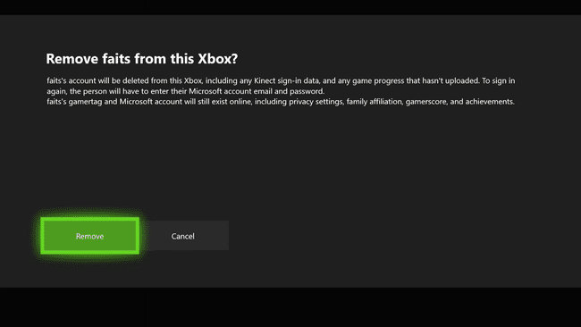 Kuvakaappaus vahvistusnäytöstä profiilien poistamiseksi Xbox Onessa.