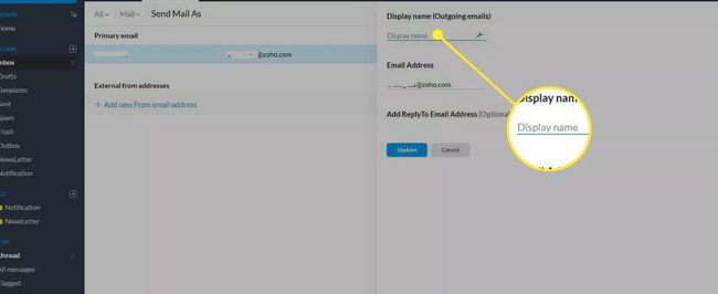 Zoho Mail -sovellus, jonka Näyttönimi-kenttä on korostettuna