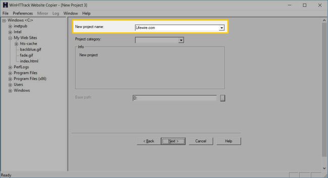 Anna ladatun verkkosivuston nimi HTTrack Website Copier -sovelluksessa