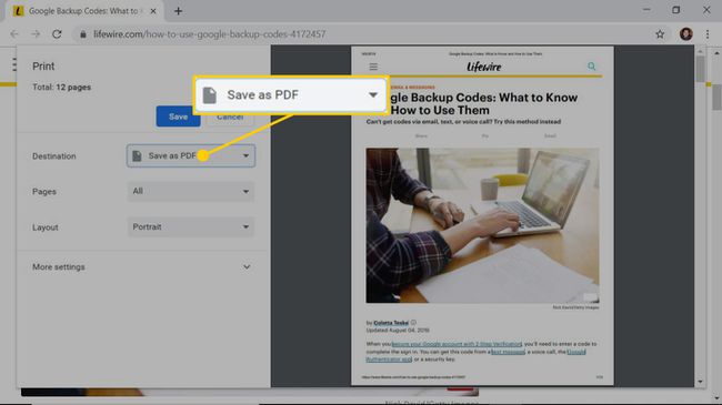 Käytä Tulosta-valintaikkunaa tallentaaksesi Web-sivun PDF-muodossa Chromessa