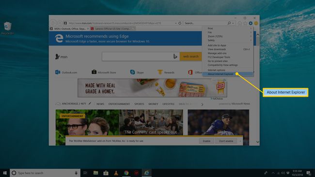 Tietoja Internet Explorerin valikkokohdasta rataskuvakkeessa WIndows 10 Internet Explorerissa