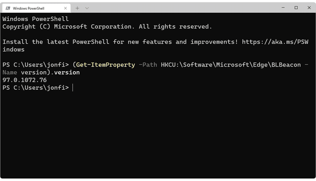 Windows PowerShell saa itemproperty-komennon Edgen versionumerolle