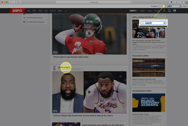 Safari, jossa hakupalkki ja sana "playoff" on korostettuna ja sanan esiintymä sivulla korostettuna