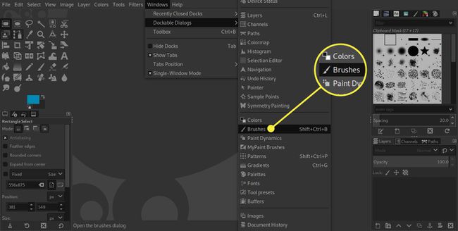 Kuvakaappaus GIMP:stä, jossa on korostettuna Dockable Dialogs -kohdan Harjat-komento