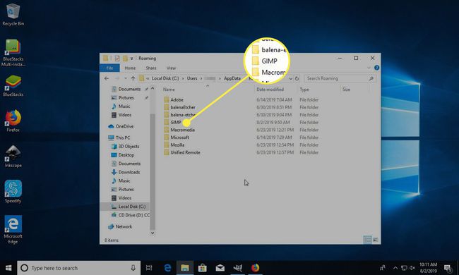 Näyttökuva AppData-kansiosta Windowsissa, jossa GIMP-kansio on korostettuna