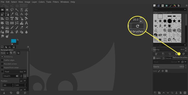 Kuvakaappaus GIMPistä, jossa Päivitä siveltimet -painike korostettuna