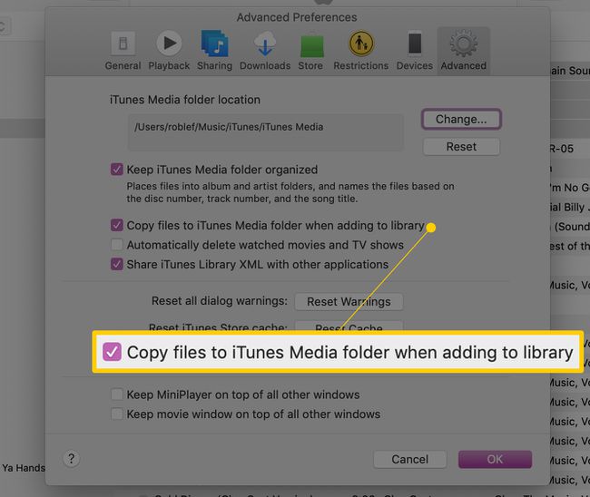 Kopioi tiedostot iTunes Media -kansioon, kun lisäät kirjastoon iTunesin lisäasetuksissa