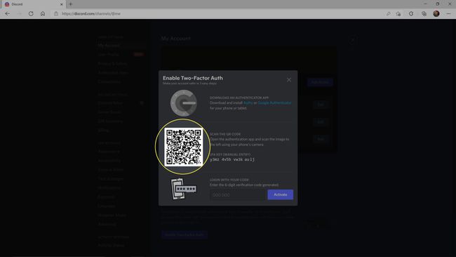 Todennusavain ja QR-koodi Discordissa.