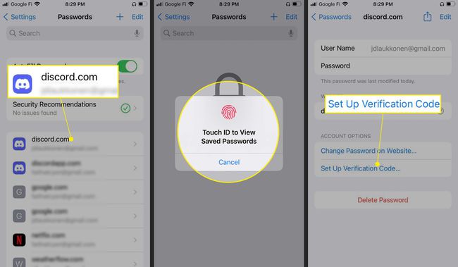 iPhonen salasana-asetukset, joissa Discord, Touch ID -kehote ja Aseta vahvistuskoodi korostettuina