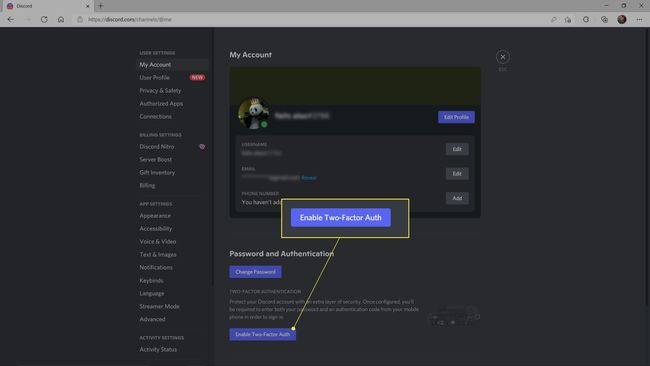 Ota Discord-verkkosivustolla korostettuna kaksifaktorinen todennus käyttöön.