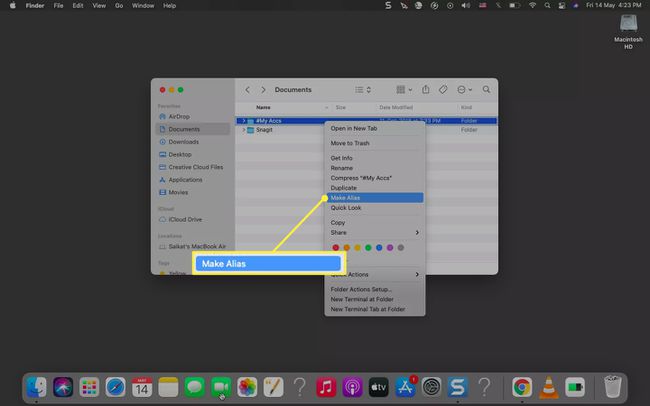 Napsauta kansiota hiiren kakkospainikkeella luodaksesi aliaksen macOS:ssä