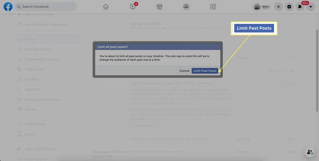 "Rajoitetut aiemmat viestit" -vahvistuspainike Facebook-asetuksissa