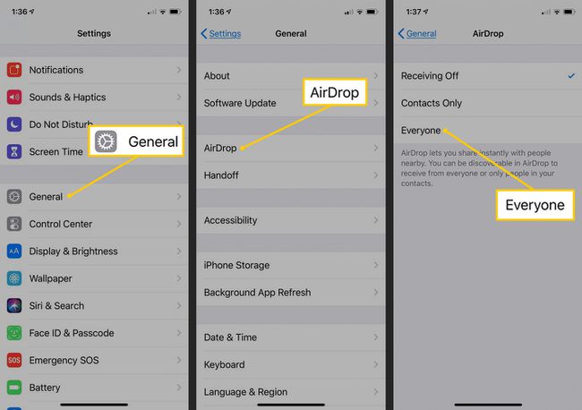 Vaihtoehdot Yleiset, AirDrop, Kaikki iOS-asetuksissa