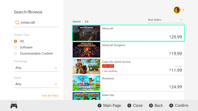 Minecraft Nintendo eShopin hakutuloksissa.