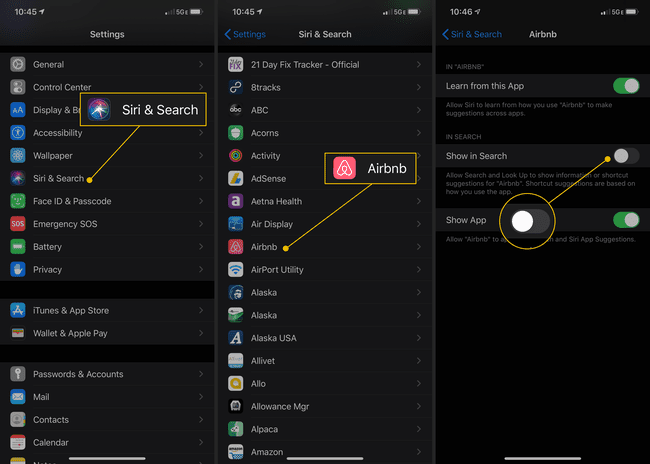 Siri & Search Asetuksissa, Airbnb-sovellus, vaihda Näytä haussa -tilaan OFF
