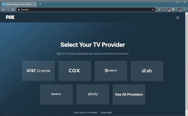 Kuvakaappaus Fox TV -palveluntarjoajien valintasivulta.