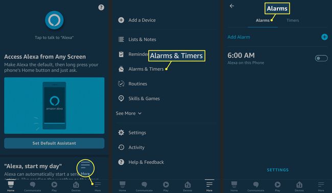Lisää-välilehti, hälytykset ja ajastimet ja hälytykset Alexa-sovelluksessa