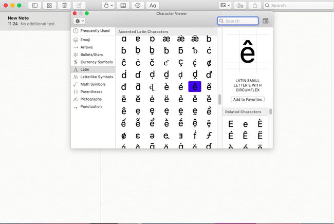 Luettelo aksentoiduista kirjaimista macOS:n Character Viewerissa