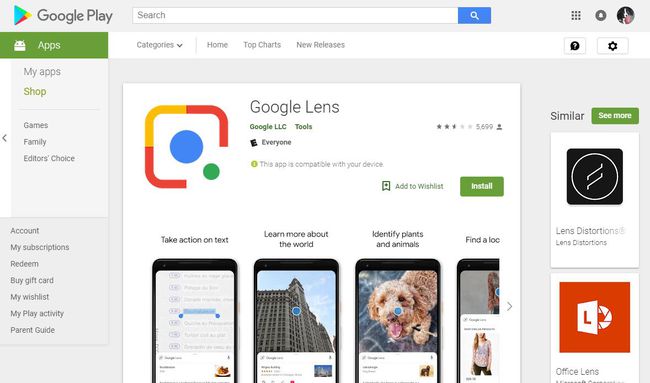 Google Lens -sovelluksen lataussivu Google Playssa.