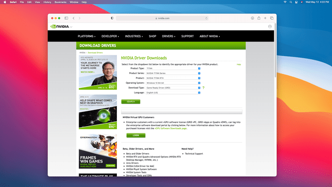 Nvidia-ajurien lataussivusto Macille.