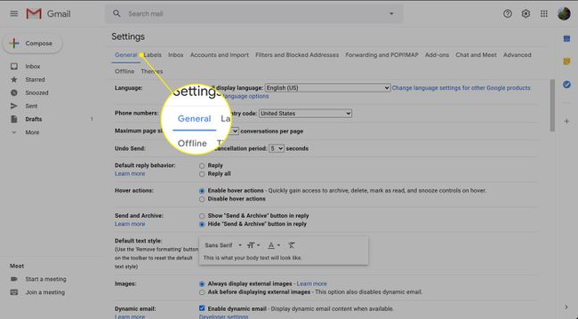 Yleiset-välilehti Gmailin asetuksissa