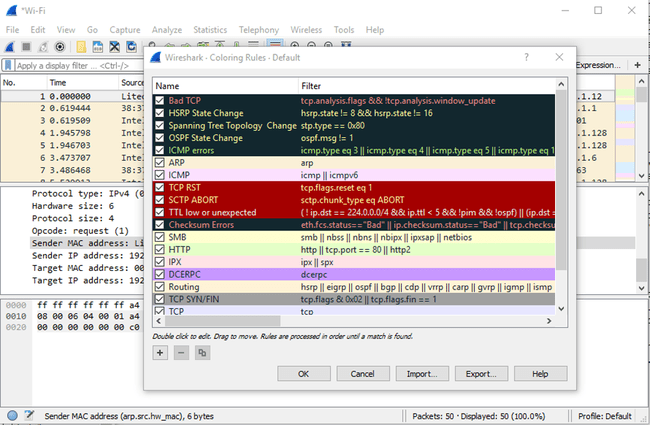 Wireshark Color Rules -valintaikkuna avautuu Wiresharkin pääikkunaa varten