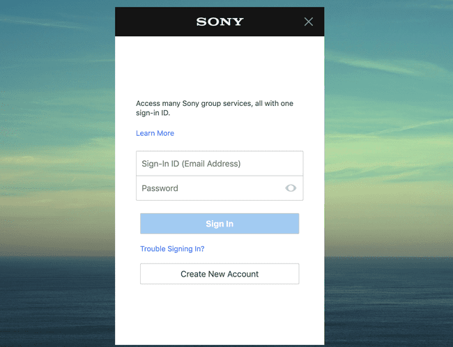 Sony-tilin kirjautumisnäyttö Chrome-verkkoselaimessa