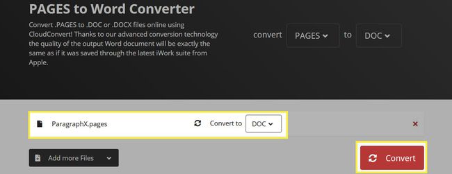 Pages to Word Converter, jossa Sivut-dokumentti ja Muunna korostettuina