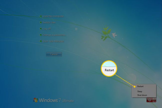 Uudelleenkäynnistyspainike Windows 7:n Ctrl+Alt+Del-näytöstä