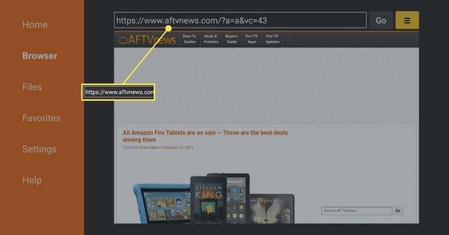 Fire Tv:n Downloader-sovelluksessa korostettu selainpalkki.