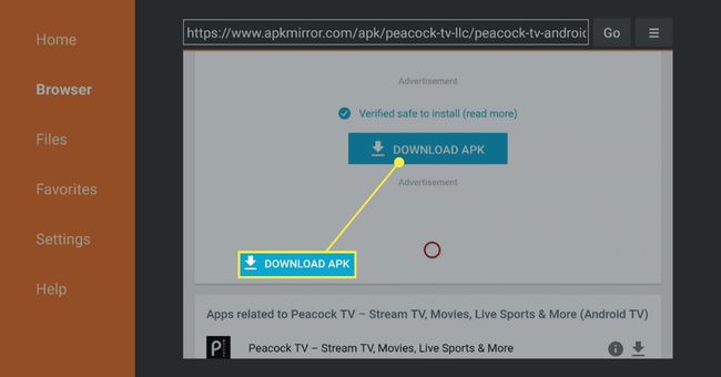 LATAA APK -painike Fire TV:n Downloader-sovelluksessa.