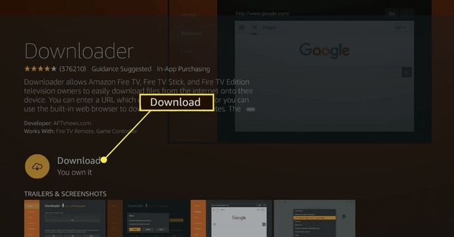 Lataa-painike Downloader-sovelluksessa Fire TV -sovelluskaupassa.