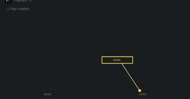 Avaa-painike, kun Peacock TV on asennettu onnistuneesti Fire TV:hen.