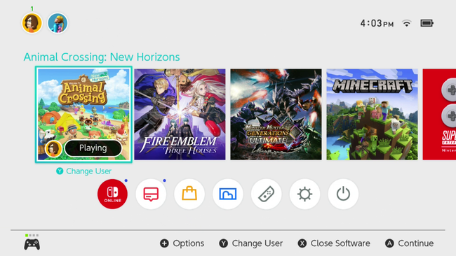 Animal Crossing valittuna Nintendo Switchin aloitusnäytössä.