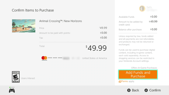 Lisää ja osta varoja -painike korostettuna Nintendo eShopissa.