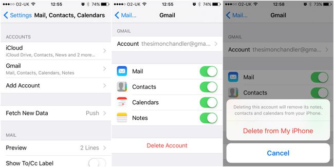 Sarja kuvakaappauksia, jotka osoittavat, kuinka Gmail-tili poistetaan iPhonesta