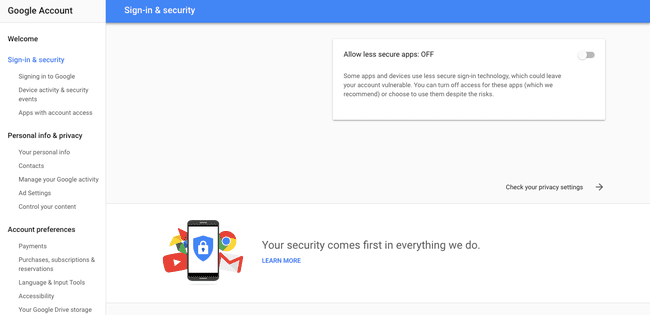 Kuvakaappaus siitä, missä voit ottaa käyttöön vähemmän turvalliset sovellukset Googlelta