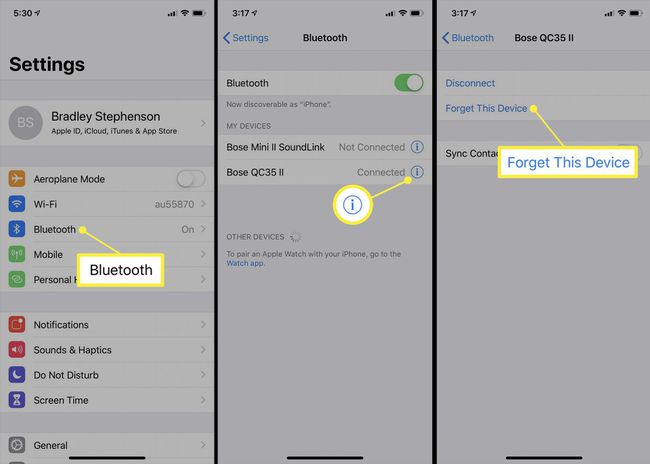 iOS Bluetooth-laitteen asetukset.