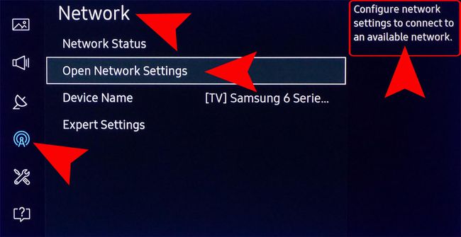 Samsung Smart TV -verkkoasetussivu