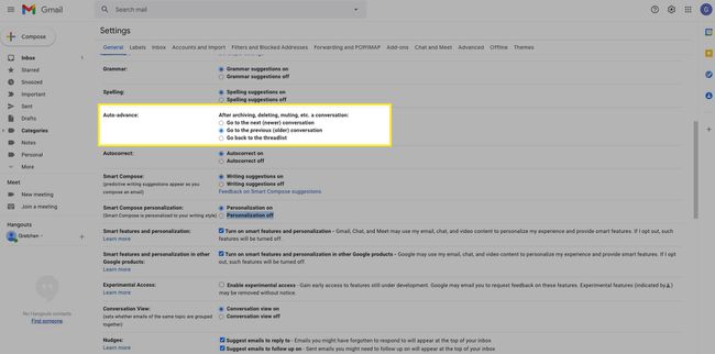 Gmail-asetukset, joissa automaattinen jatkaminen -osio on korostettuna