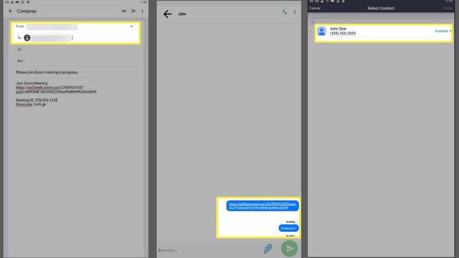Lähetä linkki Zoom Android -kokoukseen sähköposti, teksti ja yhteystiedot korostettuina