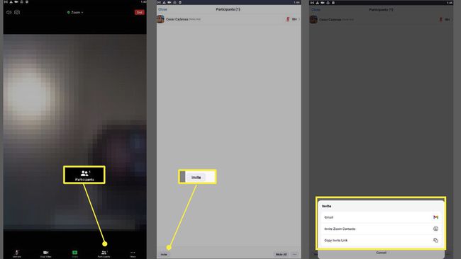 Zoomaa Android-sovellusta, jossa osallistujat, kutsu- ja kutsuvaihtoehdot on korostettu