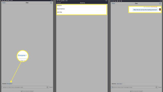 Chat-ominaisuus Zoom Androidissa kaikkien kanssa, vastaanottajan valinta ja viesti korostettuina