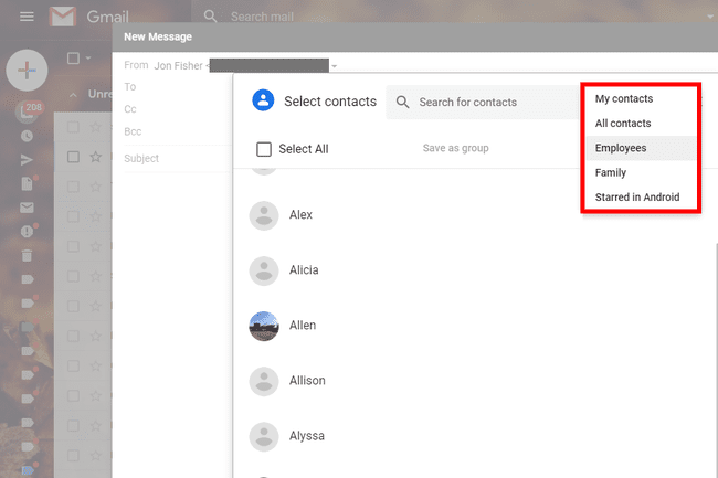 Näyttökaappaus, joka näyttää kuinka valita Gmail-yhteystietoryhmä ennen viestin lähettämistä