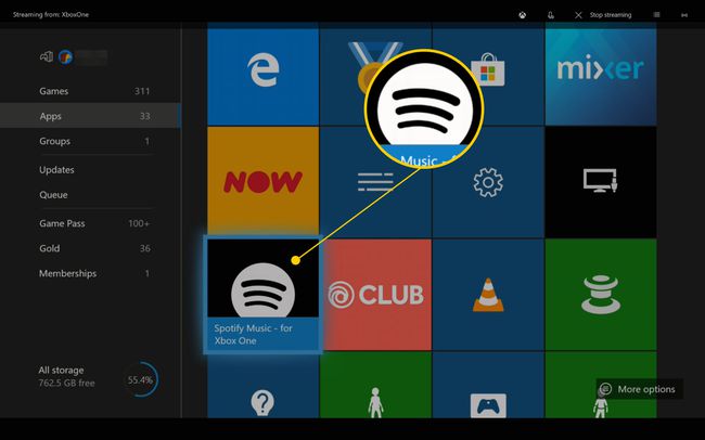 Xbox One My -pelit ja -sovellukset, joissa Spotify-sovellus on korostettuna