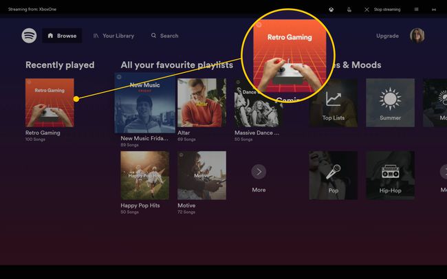 Xbox Onen Spotify-sovellus, jossa soittolistat on korostettuina